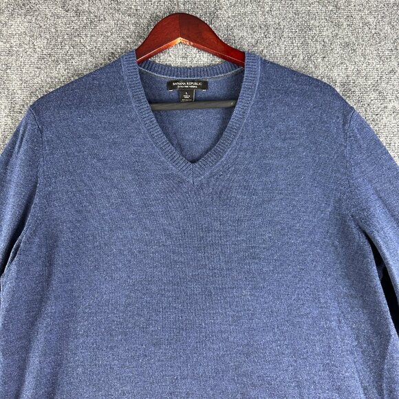 Banana Republic Sweater Mens Large Blue Extra Fine Merino Wool V Neck Rib Cuffs - Picture 4 of 8